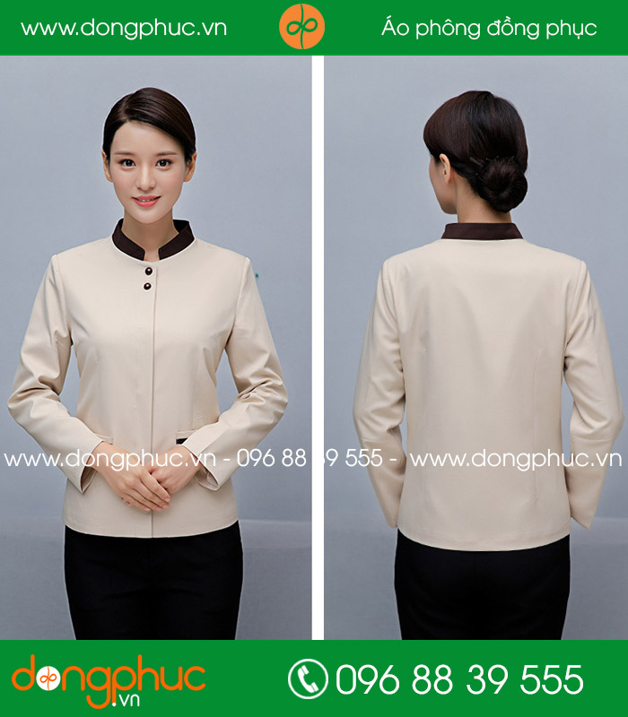 Đồng phục vệ sinh màu hồng nhạt cổ nâu